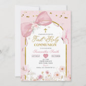 Coquette Blush Pink Butterfly First Holy Communion 招待状 (正面)
