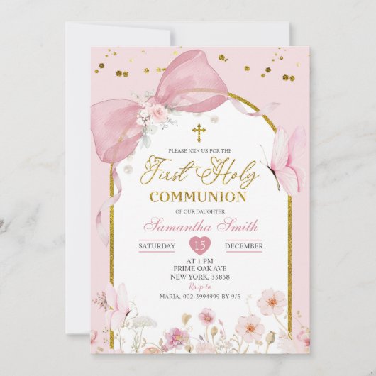 Coquette Blush Pink Butterfly First Holy Communion 招待状 (正面)