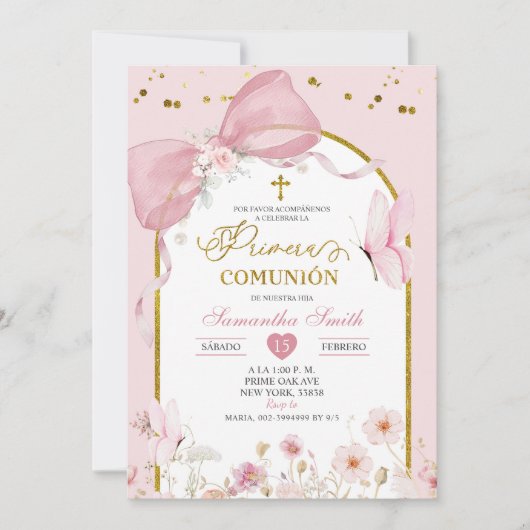 Coquette Blush Pink Butterfly Primera Communion 招待状 (正面)