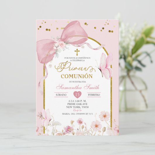 Coquette Blush Pink Butterfly Primera Communion 招待状 (スタンド正面)