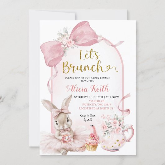 Coquette Blush Pink Floral Bow Bunny Baby Brunch 招待状 (正面)