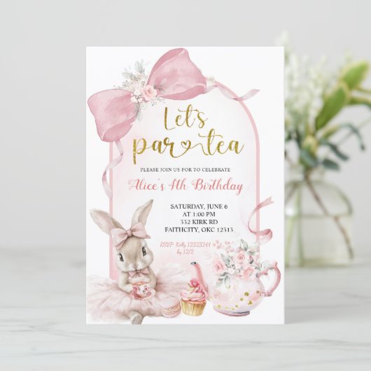 Coquette Blush Pink Floral Bow Bunny Tea Party 招待状 (スタンド正面)