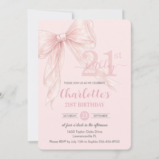 Coquette Blush Pink Ribbon Bow 21st Birthday 招待状 (正面)