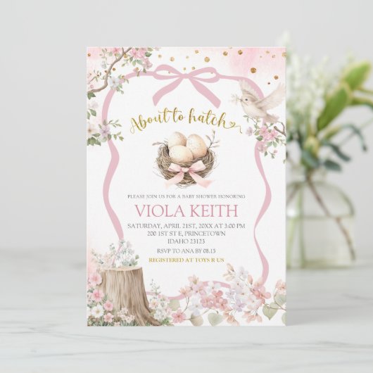 coquette blush pink Spring bird baby shower 招待状 (スタンド正面)