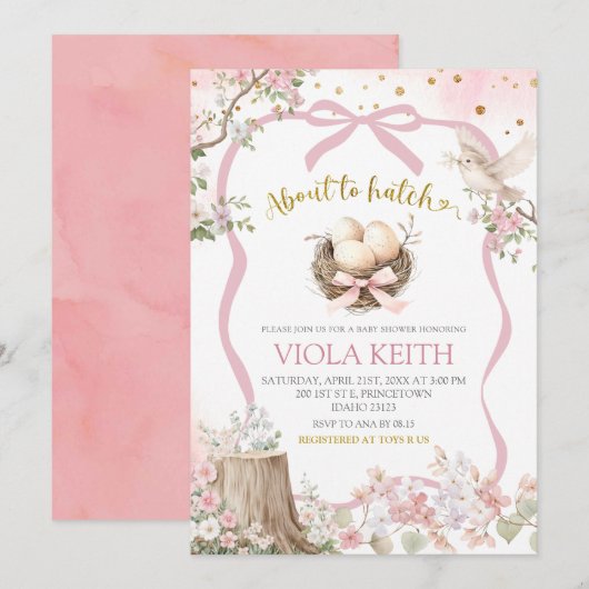 coquette blush pink Spring bird baby shower 招待状 (正面/裏面)