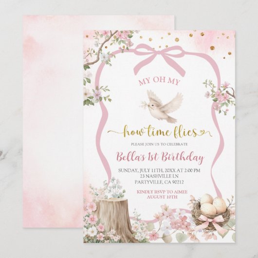 coquette blush pink Spring bird birthday  招待状 (正面/裏面)