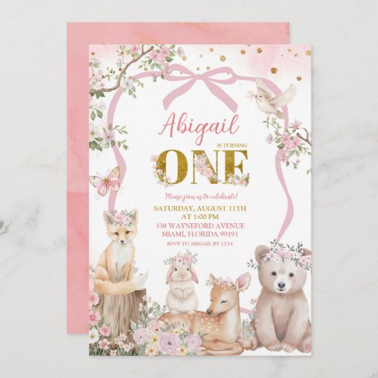 Coquette Blush Pink Spring woodland animals 招待状 (正面/裏面)