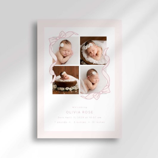 Coquette Bow 4 Frame Photo Birth Announcement 案内状