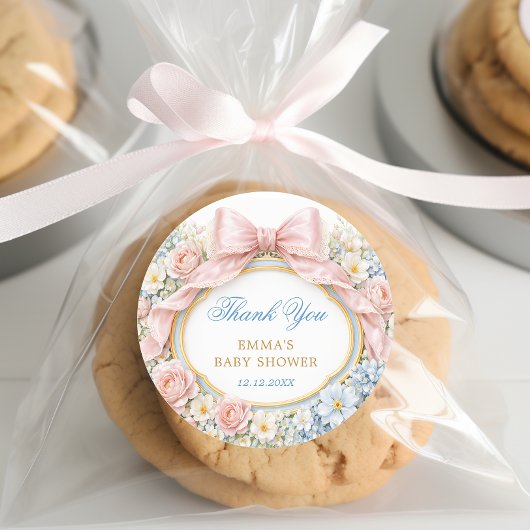 Coquette Bow Bloom Baby Shower Thank You ラウンドシール