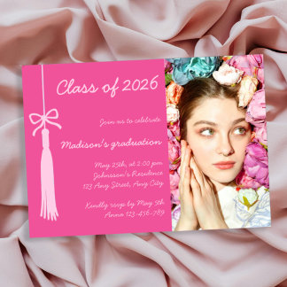Coquette Bow Blush Hot Pink Photo 2026 Graduation 招待状