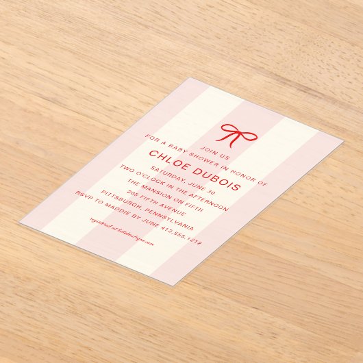  Coquette Bow Blush Pink Striped Baby Shower  アクリル招待状 (レイダウン)