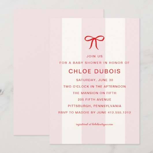 Coquette Bow Blush Pink Striped Baby Shower 招待状 (正面/裏面)