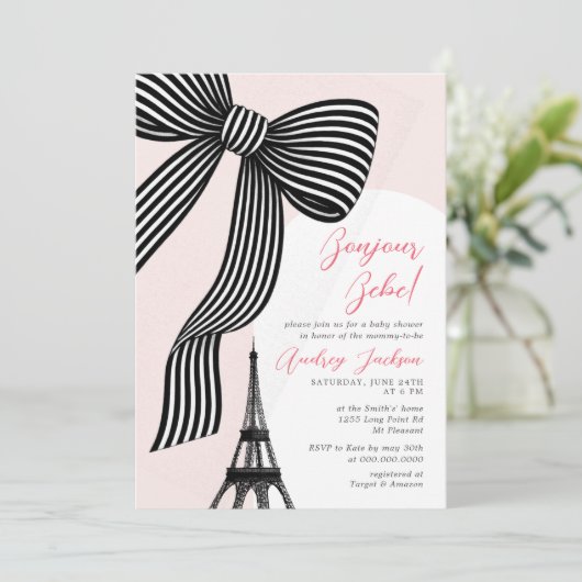 Coquette Bow Bonjour Bébé Parisian Baby Shower 招待状 (スタンド正面)