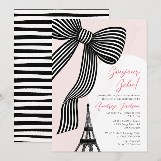 Coquette Bow Bonjour Bébé Parisian Baby Shower 招待状 (正面/裏面)