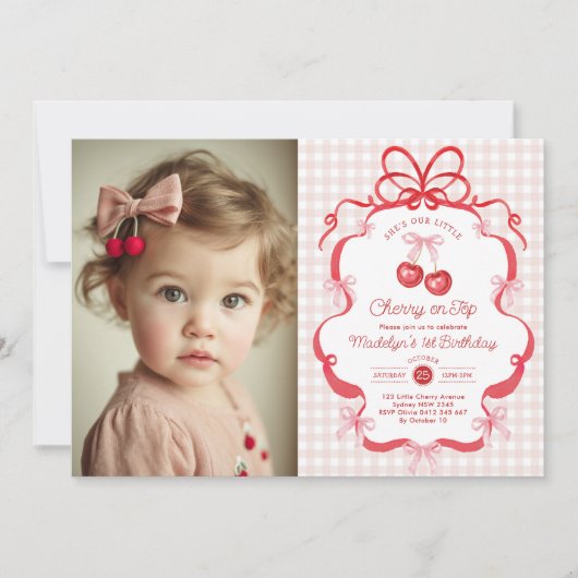 Coquette Bow Cherry First 1st Birthday Photo 招待状 (正面)