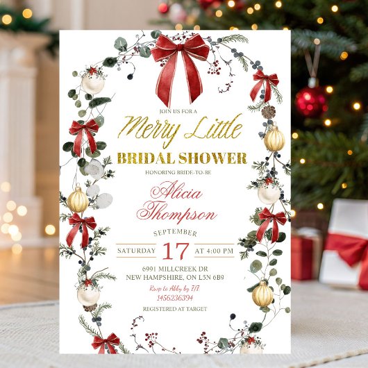 Coquette Bow Christmas Merry Little Bridal Shower 招待状