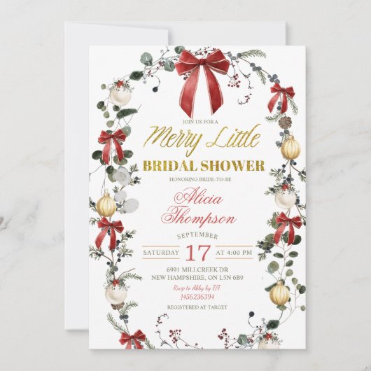 Coquette Bow Christmas Merry Little Bridal Shower 招待状 (正面)