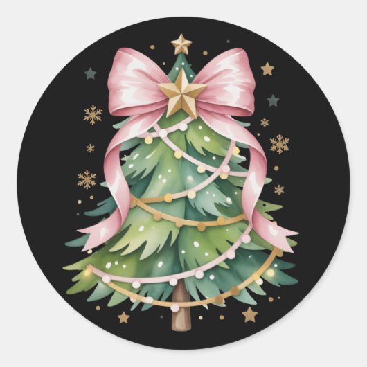 Coquette Bow Christmas Tree Holiday Girly Cute ラウンドシール (正面)