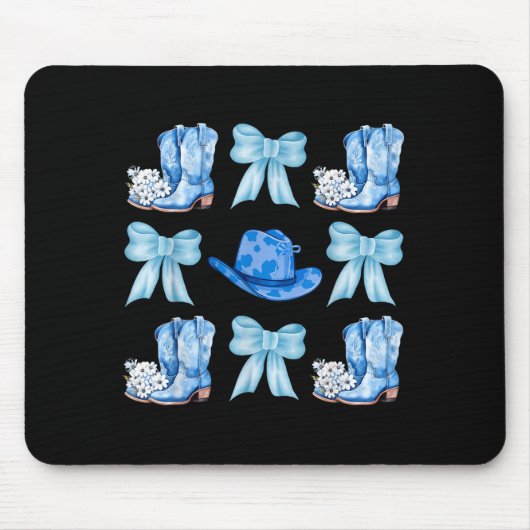 Coquette Bow Cowgirl Boots Blue Bows Hat Western R マウスパッド (正面)