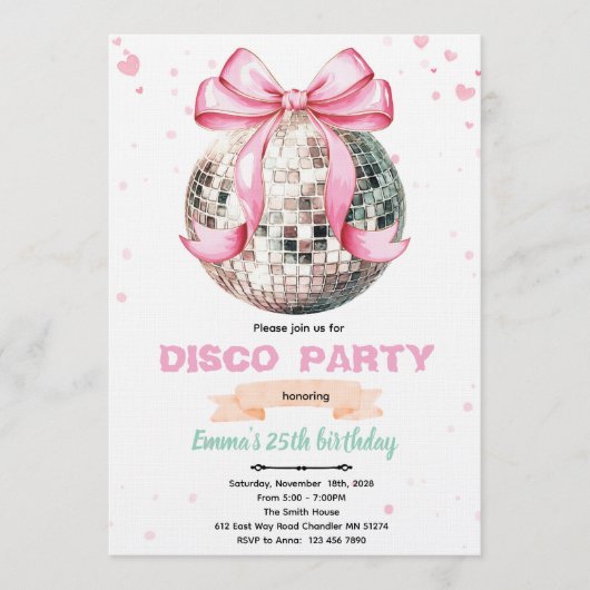Coquette Bow Disco Party Invitation 招待状 (正面)