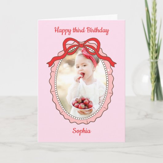 Coquette Bow Frame Photo Happy Birthday Card カード (正面)