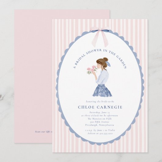Coquette Bow Garden Hand Painted Bridal Shower  招待状 (正面/裏面)