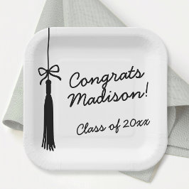Coquette Bow Grad Tassel Black & White Graduation ペーパープレート