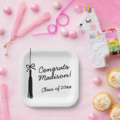 Coquette Bow Grad Tassel Black & White Graduation ペーパープレート (パーティー)