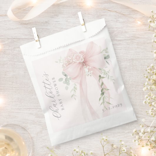 Coquette Bow Greenery Baby in bloom baby Shower フェイバーバッグ (クリップ留めされた状態)