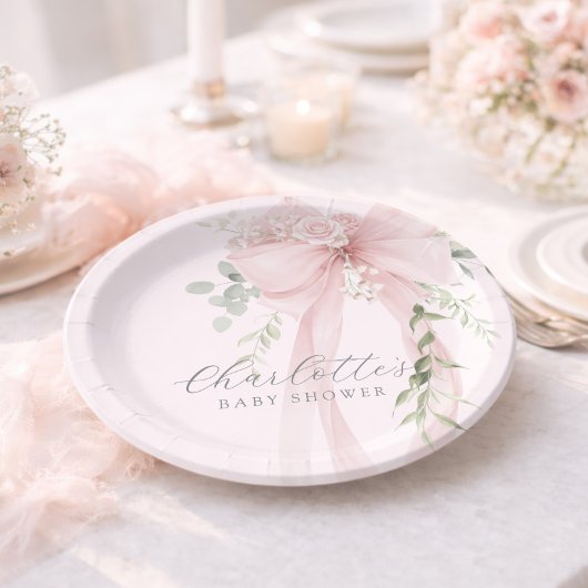 Coquette Bow Greenery Baby in bloom baby Shower ペーパープレート