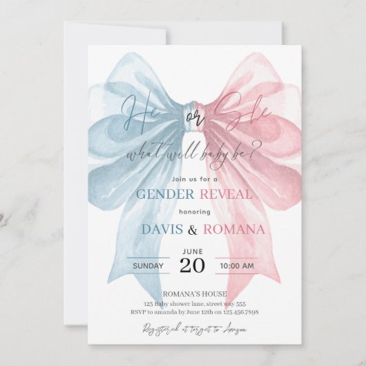Coquette Bow He or She Gender Reveal Invitation 招待状 (正面)