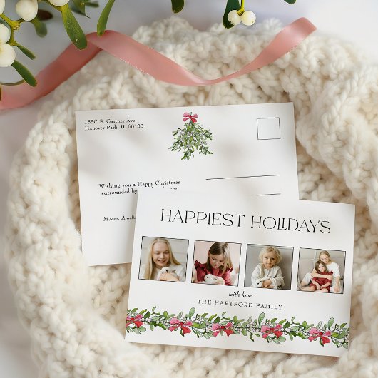 Coquette Bow Mistletoe Happiest Holidays 4 Photo シーズンポストカード