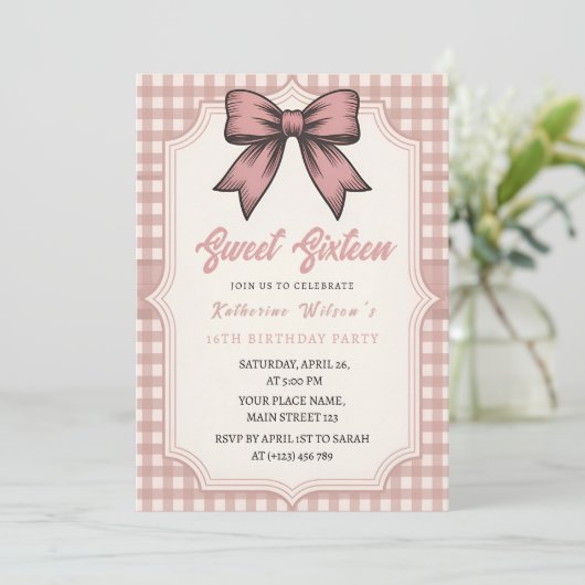 Coquette Bow Pink Birthday Party 招待状 (スタンド正面)