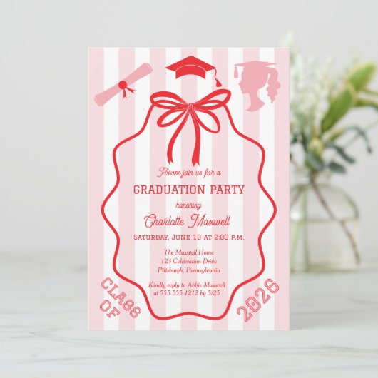 Coquette Bow | Pink Stripes Graduation Party 招待状 (スタンド正面)
