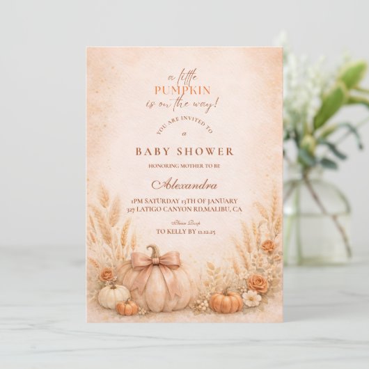 Coquette Bow Pumpkin Baby Shower 招待状 (スタンド正面)