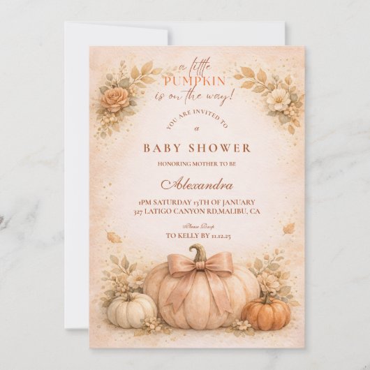 Coquette Bow Pumpkin Fall Baby Shower 招待状 (正面)