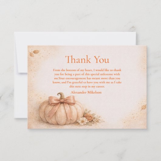 Coquette Bow Pumpkin Fall Graduation サンキューカード (正面)