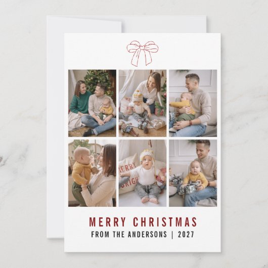  Coquette Bow Red Merry Christmas 6 Photo Collage シーズンカード (正面)