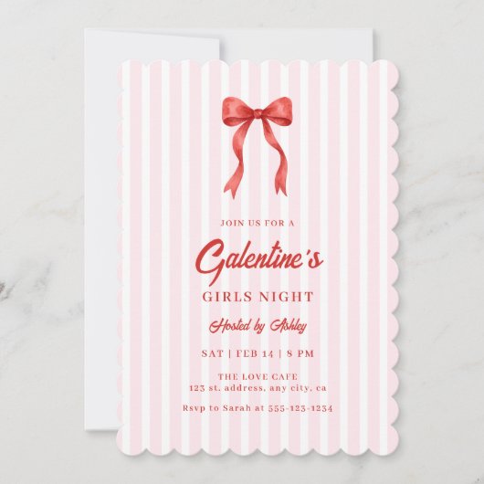 Coquette Bow Red Pink Galentine's Party 招待状 (正面)