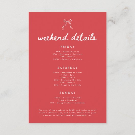Coquette Bow Script Bachelorette Weekend Details エンクロージャーカード (正面)