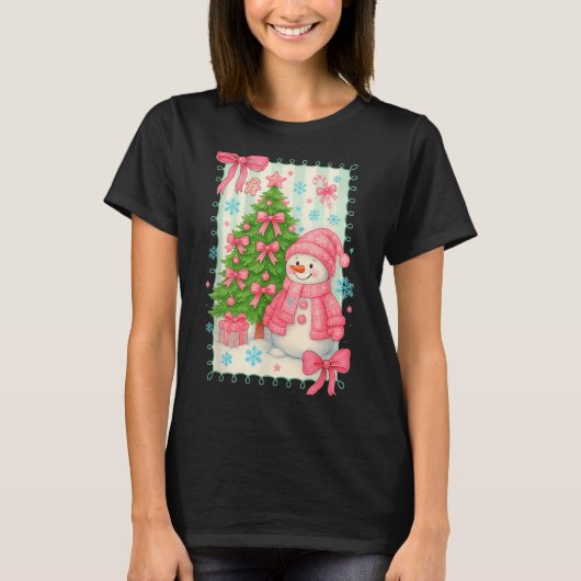 Coquette Bow Snowman Nk Christmas Tree Funny Xmas Tシャツ (正面)