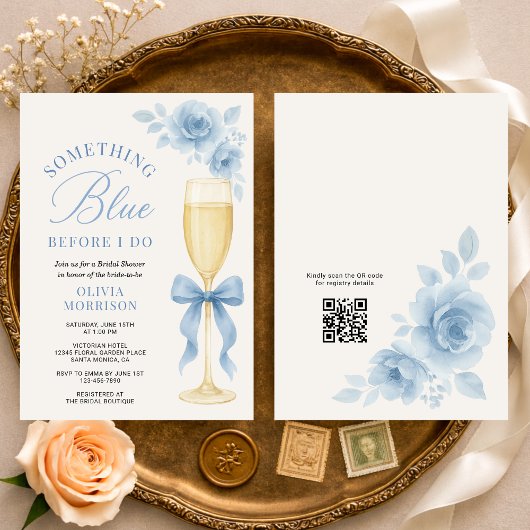 Coquette Bow Something Blue QR Code Bridal Shower  招待状
