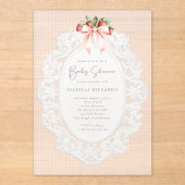 Coquette Bow Stawberries Lace Baby Shower  アクリル招待状 (正面)