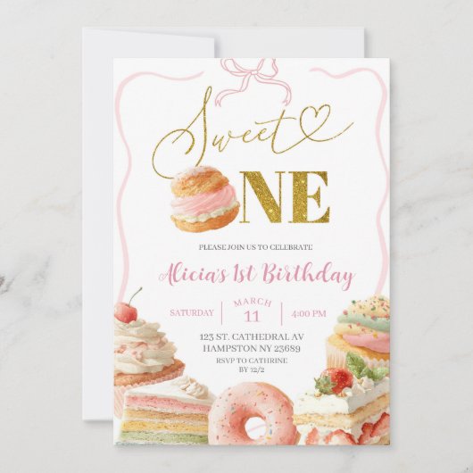 Coquette Bow Sweets Cake First Birthday Invitation 招待状 (正面)