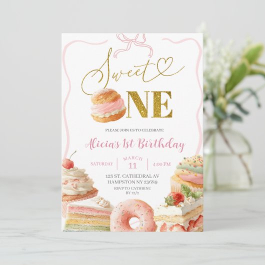 Coquette Bow Sweets Cake First Birthday Invitation 招待状 (スタンド正面)