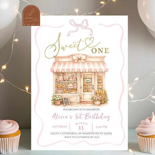 Coquette Bow Sweets Shop First Birthday 招待状