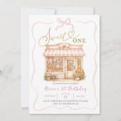Coquette Bow Sweets Shop First Birthday 招待状 (正面)
