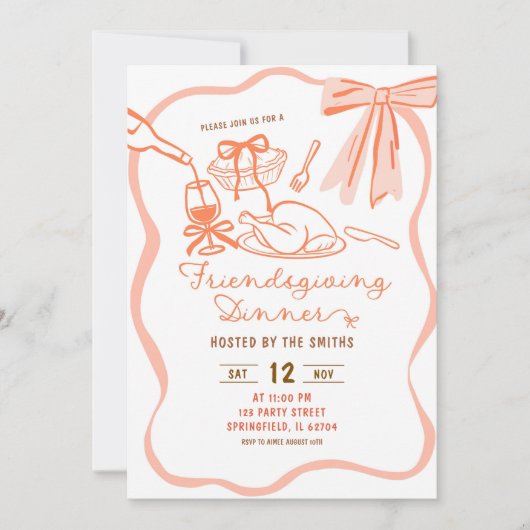 Coquette Bow Wavy Hand Drawn Friendsgiving 招待状 (正面)