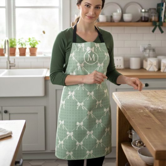 Coquette Bows Gingham Monogram Cream Sage Green  エプロン