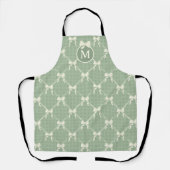 Coquette Bows Gingham Monogram Cream Sage Green  エプロン (正面)